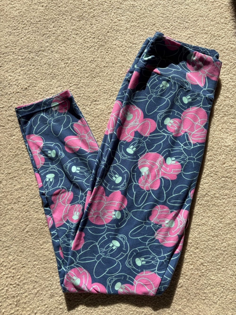 Disney LuLaRoe Navy Leggings with Pink Floral Print - Minnie Mouse
